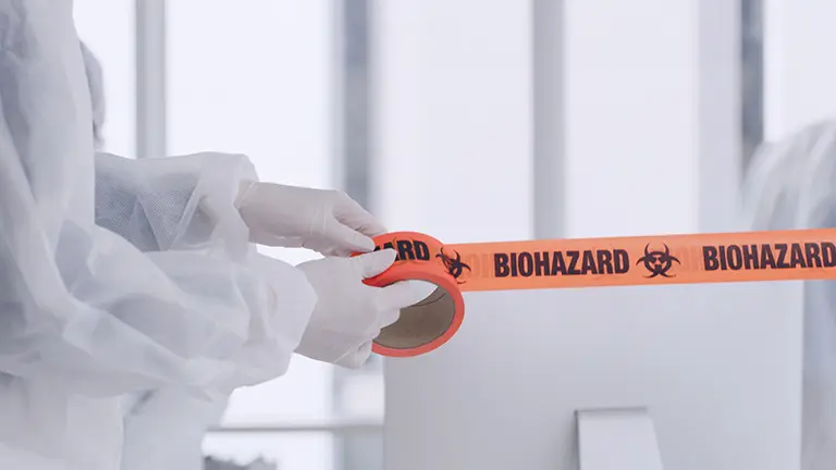 Worker sealing off area with biohazard tape