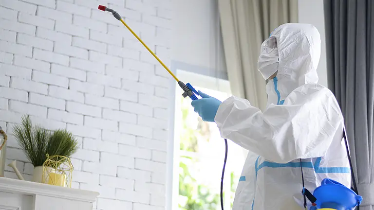 Worker spraying surfaces down