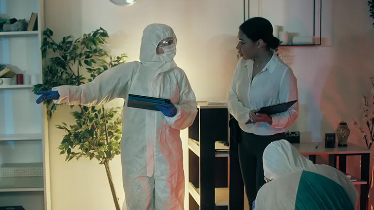 Biohazard worker discussing with client