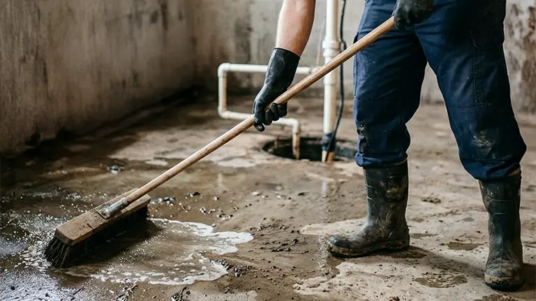 Worker cleaning basement