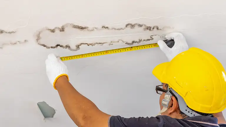 Worker inspecting water damage