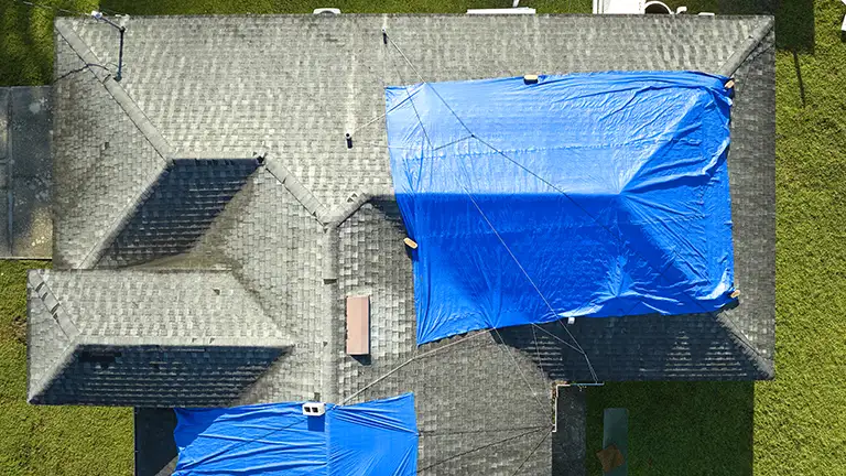 House with tarp covering
