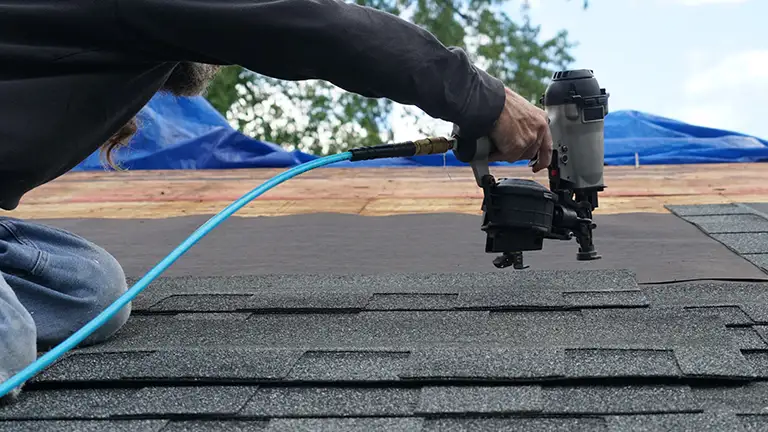 Worker repairing roof