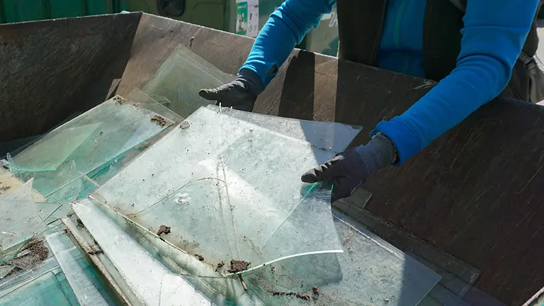 Worker tossing out broken glass