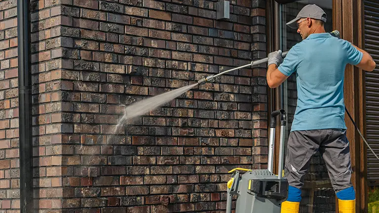Worker cleaning surface with power washer