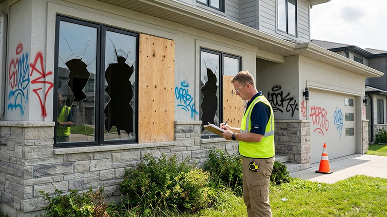 Worker inspecting property damage
