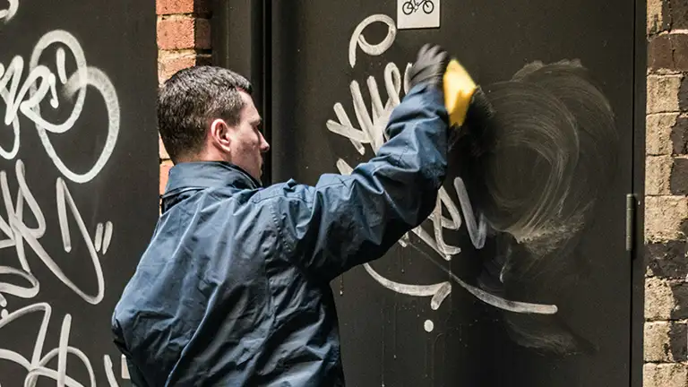 Worker cleaning graffiti